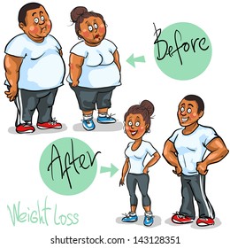 Man and Woman before and after weight loss program and training. Hand drawn funny cartoon characters, sketch, isolated