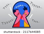 Man and woman behind door lock show hush gesture ask be quiet. Couple make hand sign keep secret or mystery in close circle. Secrecy and gossip. Flat vector illustration. 