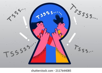 Man and woman behind door lock show hush gesture ask be quiet. Couple make hand sign keep secret or mystery in close circle. Secrecy and gossip. Flat vector illustration. 