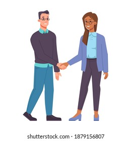 Man and woman belonging to different races shaking hands. Isolated male and female characters, business partners, investors or friends. Handshake of colleagues or employees. Vector in flat style