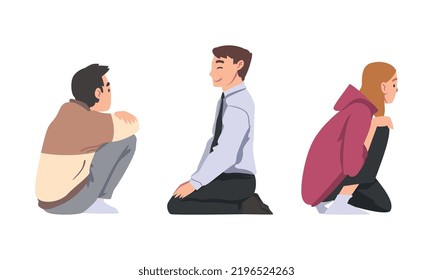 Man and Woman with Bended Knees Sitting on the Floor Feeling Calm Vector Set