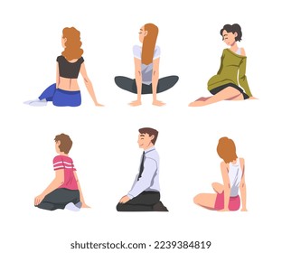 Man and Woman with Bended Knees Sitting on the Floor Feeling Calm Vector Set