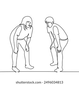 man and woman bending their backs slightly looking at something below eye level - one line art vector. concept friends, colleague. Handmade vector not AIs or siblings