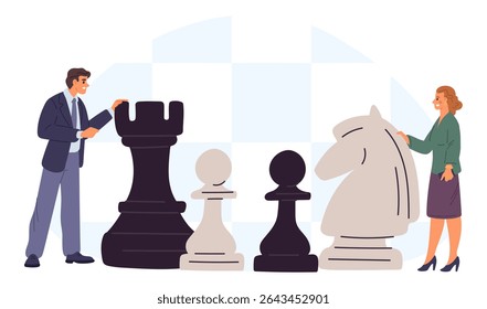 Man and woman with big chess pieces. Strategy and planning in business. Collogues rivalry. Businessman standing at chessboard with rook and knight figure. Logic game. Play competition. Vector concept