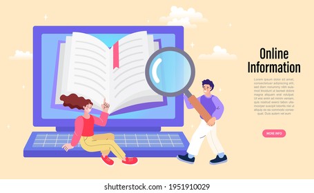 Man and woman with the big magnifying glass. E-learning, online education or home schooling concept. People using mobile phone and computer for courses or tutorials. Flat Vector illustration.