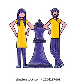 man and woman with big piece chess queen