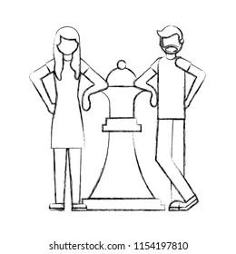 man and woman with big piece chess queen