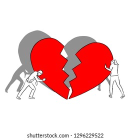 man and woman with big red broken heart vector illustration sketch doodle hand drawn with black lines isolated on white background. crisis relationship concept.
