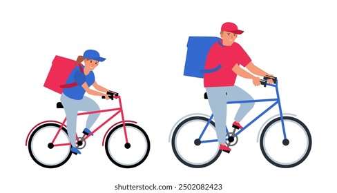man and woman bike delivery workers couriers with thermal bags vector illustration