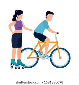 man and woman with bike and rollers design, Vehicle bicycle cycle healthy lifestyle sport and transportation theme Vector illustration