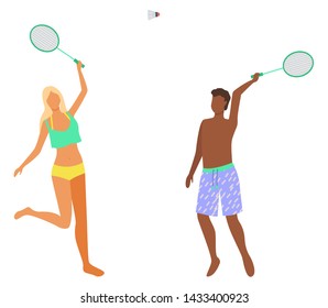 Man and woman in bikini having fun playing badminton game on beach. People in swimsuits play with ball outdoors isolated cartoon characters, vector