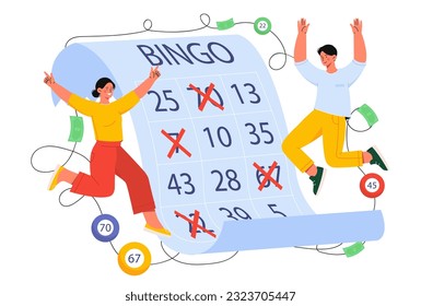 Man and woman with bingo concept. Gambling and fortune games. People having fun. Young couple assigning numbers to cards. Winners with prizes, rewards. Cartoon flat vector illustration