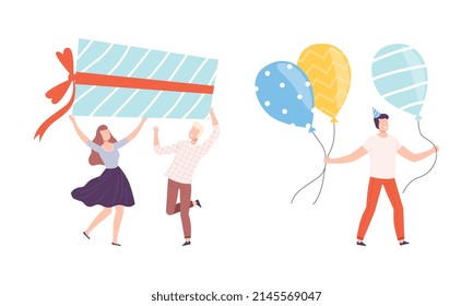 Man and Woman in Birthday Hat Carrying Huge Balloons and Gift Box Vector Set