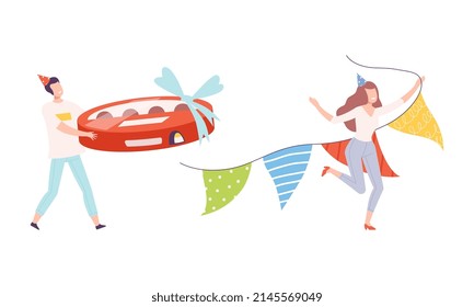 Man And Woman In Birthday Hat Carrying Huge Box Of Chocolate Sweets And Garland Vector Set