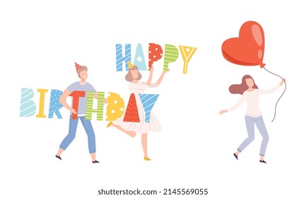 Man and Woman in Birthday Hat Carrying Huge Balloon and Happy Birthday Words Vector Set