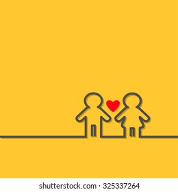 Man and Woman black contour line icon Restroom symbol Isolated Yellow background Red heart Flat design Vector illustration