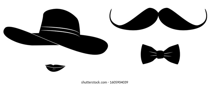 Man and woman black silhouette symbols isolated on white. Vector illustration of male and female symbols for logo, print, label, icon, cover, sticker design. Hat, moustache, lips, bowtie.