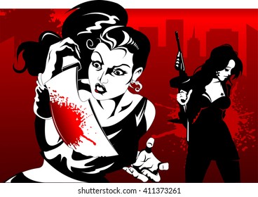 man and woman in black suits with a weapon, vector, illustration