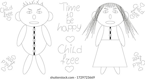 Man and woman black and white vector drawing. Child free
