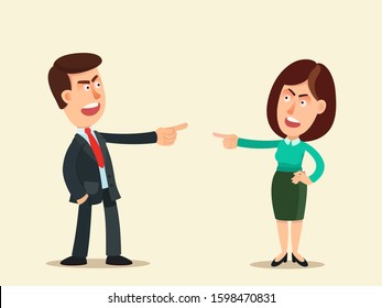 Man and woman blame each other, search for scapegoat.  Blame concept. Who's guilty? Workers point finger at each other. Business vector illustration, flat design, cartoon style. Isolated background.