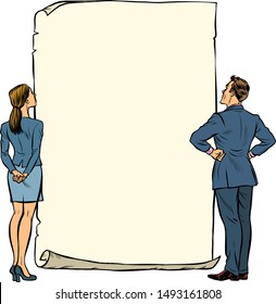 man and woman blank banner. Pop art retro vector illustration drawing