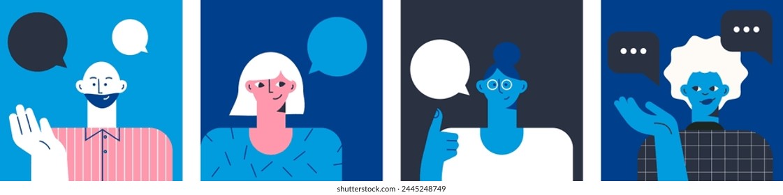 Hombre y mujer con un conjunto de iconos de burbujas de discurso vacío en blanco. Expresar opinión, concepto de comunicación. Retrato de hablar y decir personas. Ilustración vectorial plana en azul. Personajes de dibujos animados 