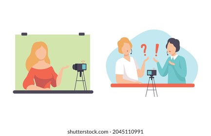 Man and Woman Blogger or Vlogger Making Video Content for Web Channel Vector Set