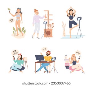 Man and Woman Bloggers and Vloggers Making Photo and Video Content Vector Set