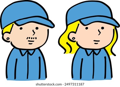 A man and woman with blonde hair and earrings in work clothes