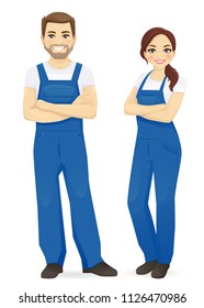 Man And Woman In Blue Overalls Isolated Vector Illustration