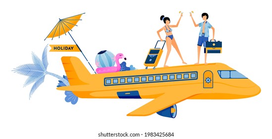 Man and woman boarding a plane for vacation to tropical island beach. Couple honeymoon period during summer vacation. Illustration can be used for landing page, banner, website, web, poster, brochure