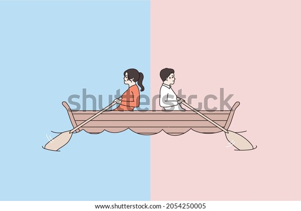 Man and woman in boat row in different
direction, not reach goal. Stubborn couple in ship sail in opposite
way. Getting nowhere concept. Conflict of interest, breakup, split.
Flat vector illustration.