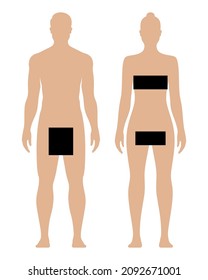 Man and woman body covered with black censor bars, isolated on white background. Nudity censorship vector illustration.