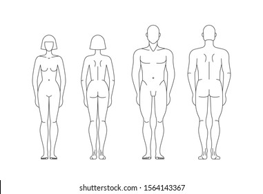 Man And Woman Body. Human Figure. Male And Female Gender Illustration. Outline Vector Isolated Editable Template For Clothing Design, Sewing, Measurements, Fashion, Fitness, Medical Illustration.