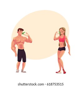 Man and woman bodybuilders, weightlifters drinking protein shake after training, cartoon vector illustration with space for text. Full length portrait of man and woman drinking protein