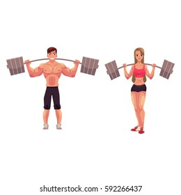 Man and woman bodybuilders, weightlifters working out, training with barbells, cartoon vector illustration isolated on white background. 