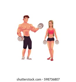 Man and woman bodybuilders, weightlifters working out, training with dumbbells, cartoon vector illustration isolated on white background. Full length portrait of man, woman bodybuilders with dumbbells