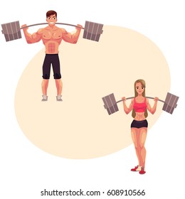 Man and woman bodybuilders, weightlifters working out, training with barbells, cartoon vector illustration with place for text. Full length portrait of man, woman bodybuilders with barbells