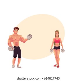 Man and woman bodybuilders, weightlifters working out, training with dumbbells, cartoon vector illustration with space for text. Full length portrait of man, woman bodybuilders with dumbbells