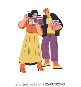 Hombre y mujer con libro y literatura interesante disfrutan de la Ilustración vectorial del hobby