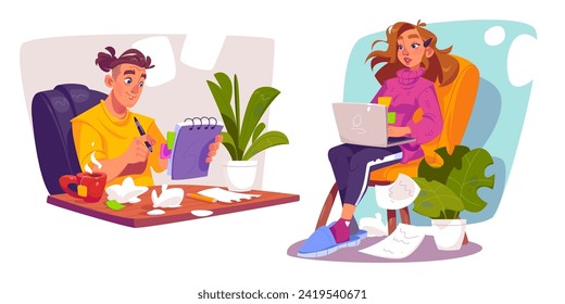 Man and woman book writer or journalist creating story or article with laptop and notebook. Cartoon vector illustration set of female and male copywriter and author during essay creation process.
