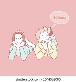 The man and the woman are bored with getting up on the floor. hand drawn style vector doodle design illustrations.
