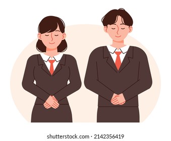 A man and a woman bow their heads to greet each other. Men and women in neat suits. Business figures vector illustration.