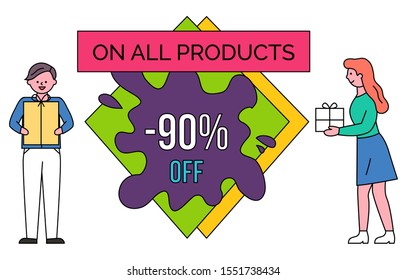 Man and woman with boxes in hands. Discount 90 percent off price on all products in stores. Buy now on black friday in shops. Promotion vector caption, inscription for advertising on colorful label