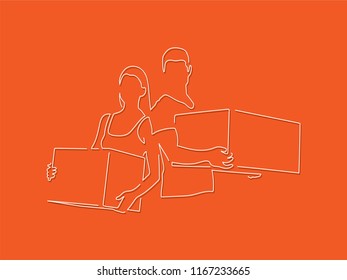 Man and woman with boxes isolated line drawing, vector illustration design. Logistics collection.