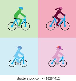 man, woman, boy and girl with cycling action in the simple vector format