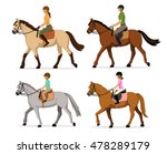 Man, Woman, Boy, Girl riding horses Vector Illustration Set, isolated. Family equestrian sport training horseback ride