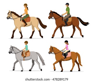 Man, Woman, Boy, Girl riding horses Vector Illustration Set, isolated. Family equestrian sport training horseback ride
