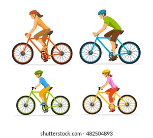 Man, woman, boy and girl riding sport bikes. Family outdoor activity