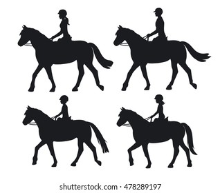 Man woman boy and girl silhouettes riding horses. Family, Couple and children horseback training vector illustration